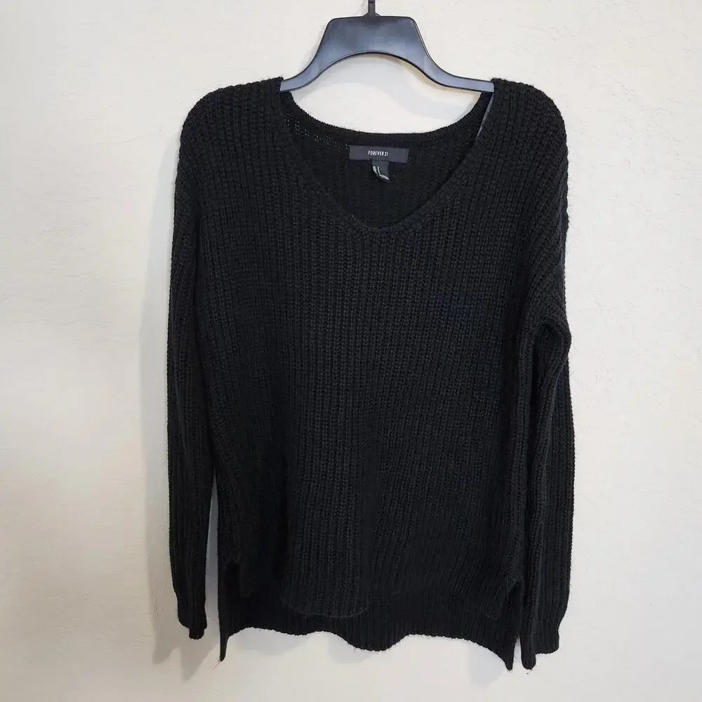Forever 21 Black Oversized Cozy Knit Sweater Soft High-Low Hem - Small